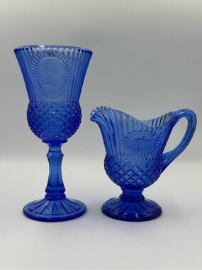Vintage Fostoria for AVON Cobalt Blue G. Washington Goblet & Mt. Vernon Creamer